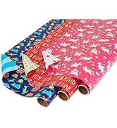 American Greetings Reversible Birthday Wrapping Paper for Kids, Dinosaurs and Unicorns (3 Rolls, ...