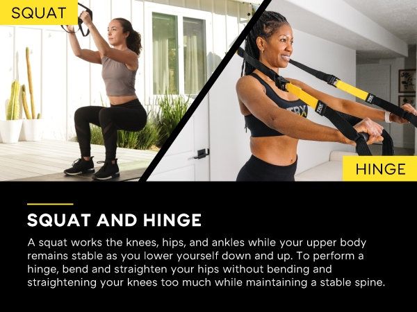 Two people doing full-body workouts. Text reads: Squat and hinge.