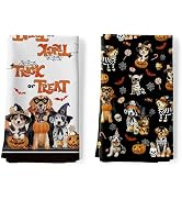 Arquiel Halloween Dog Pumpkin Tea Towels, Cotton Kitchen Towel 18.9 × 27.5 Inch, Quick Drying Dis...