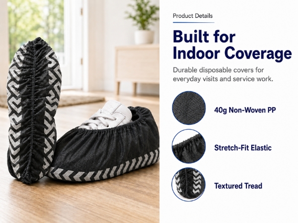 Black disposable shoe covers showing elastic fit and textured tread pattern