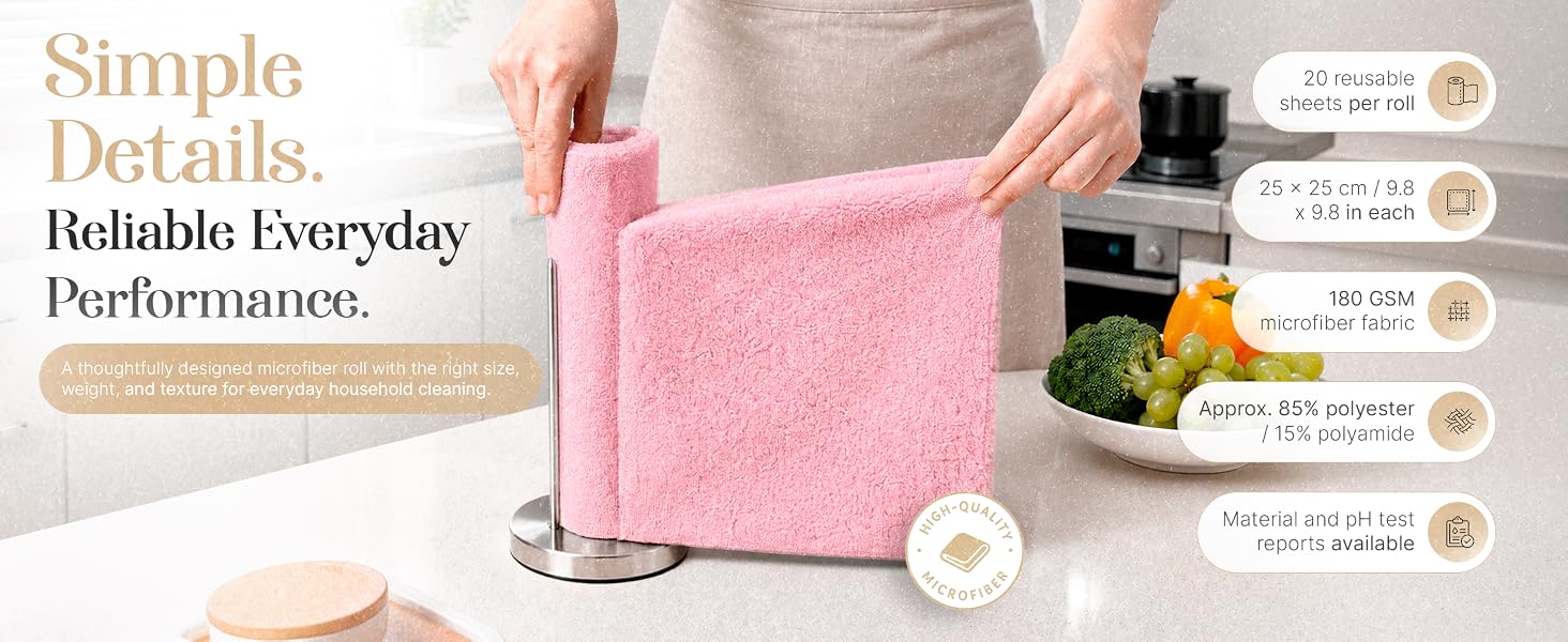 20-sheet reusable microfiber roll with 180 GSM fabric for durable everyday household cleaning