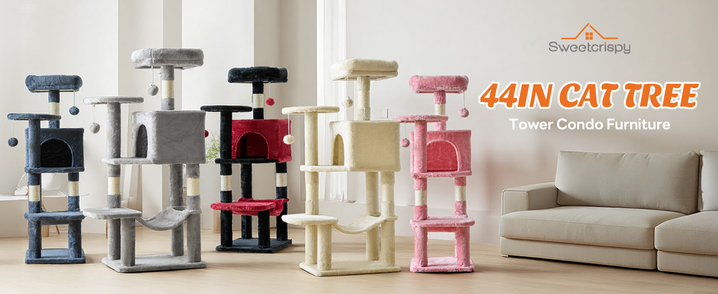 Sweetcrispy 44 inch Cat Tree Tower, Multi-Cat Climbing Tower with Condo