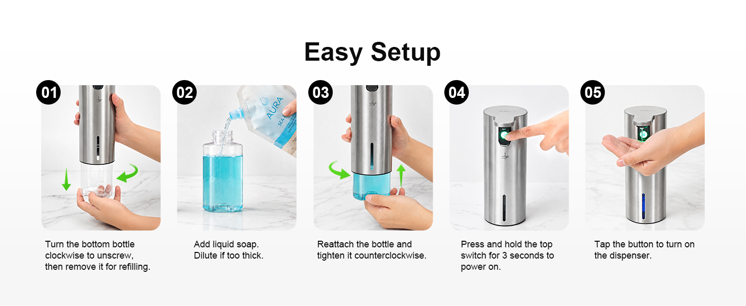 Easy setup soap dispenser, open lid, fill soap, hold power 3 seconds to start, no tools needed.