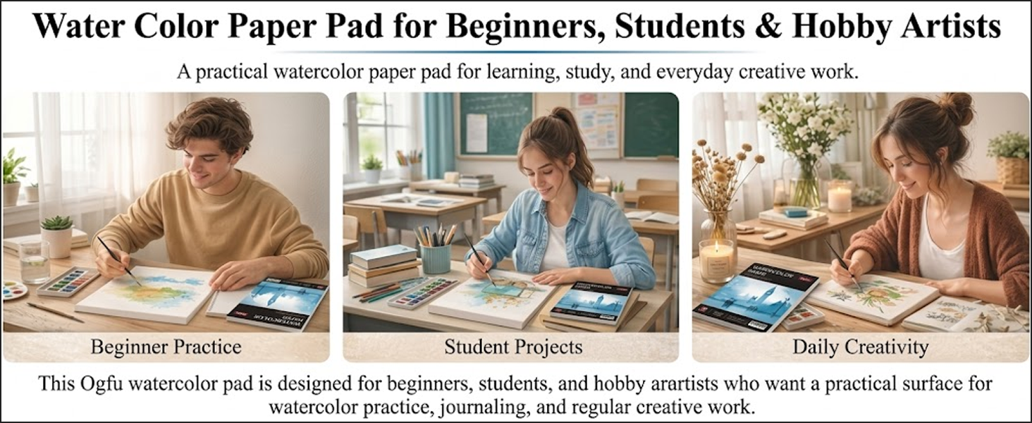 Ogfu 9 x 12 watercolor paper pad for beginner practice, student projects, and daily creativity