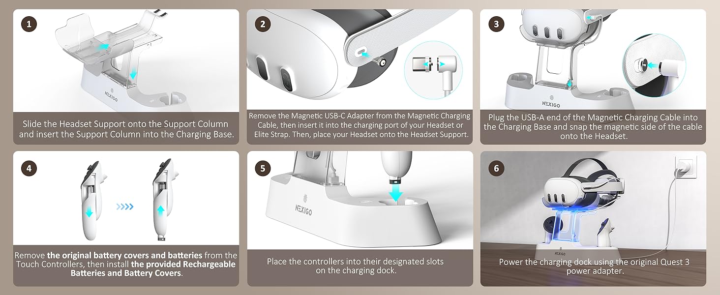 Charging dock assembly steps diagram.