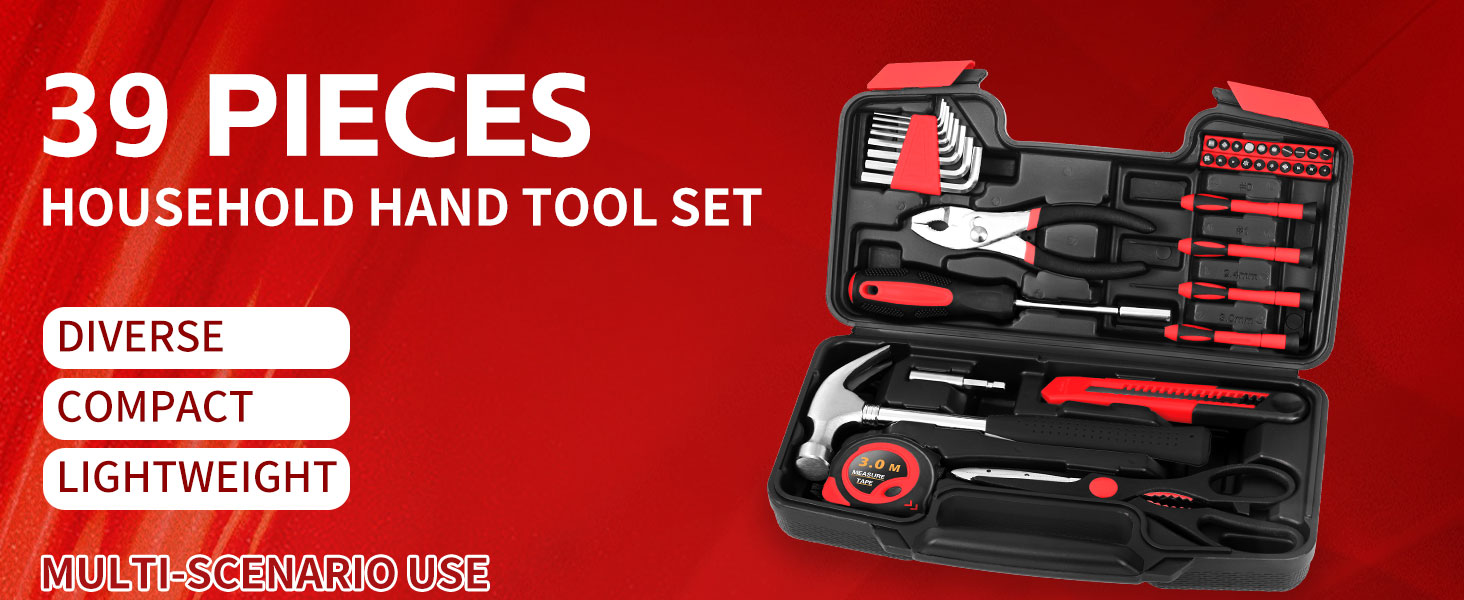 Household Tool Set, General Household Hand Tool Kit with Plastic Toolbox Storage Case