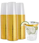 FOCUSLINE 100 Pack Gold Rimmed Plastic Cups 10oz Clear Plastic Cups Tumblers, Fancy Disposable Ha...