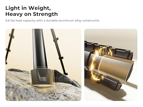 6.6 lbs load capacity. Durable aluminum alloy construction. For travel, outdoor, pro use