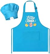 R HORSE 2 Pcs Kid Apron And Chef Hat Set, Adjustable Children Blue Kitchen Apron Cooking Baking P...