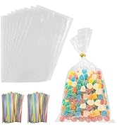Slomg 200 Pcs Cellophane Treat Bags with Twist Ties, Plastic Clear Gift Wrapping Bags for Birthda...