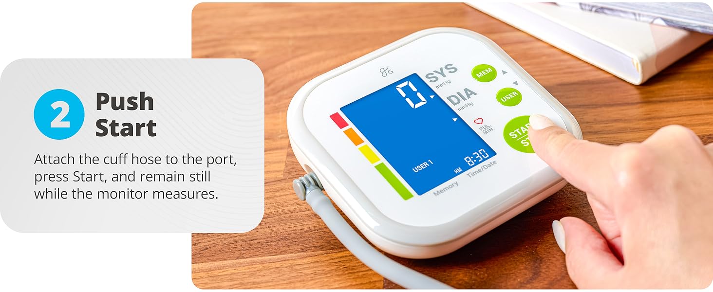 Greater Goods blood pressure monitor push start, one-press monitor operation, user-friendly design