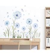 Dandelion Flower Butterfly Wall Decals Blue Dandelion Plants Floral Wall Stickers Peel and Stick ...