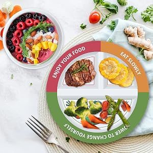 The rendering of portion-control plates and bowls filled with food.