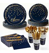Blue Paper Plates and Napkins Party Supplies for 24 Guests, 168 Pcs Graduation Navy Blue Disposab...