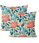 DAFENA Boho Outdoor Pillow Covers 18x18 Inch 2 Pcs Aqua Teal Coral Colorful Leaf Floral Decor Thr...