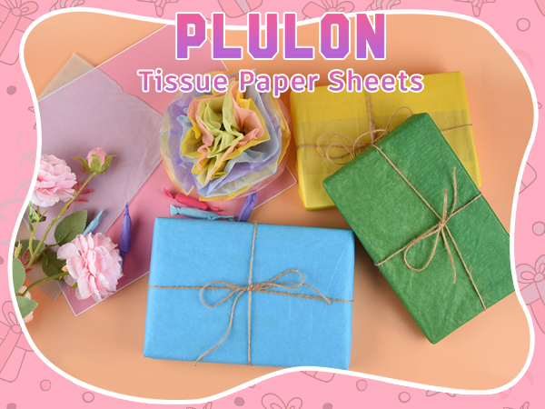 PLULON tissue paper sheets in various colors including blue, green, and pink, shown with decorative string ties and floral accents.