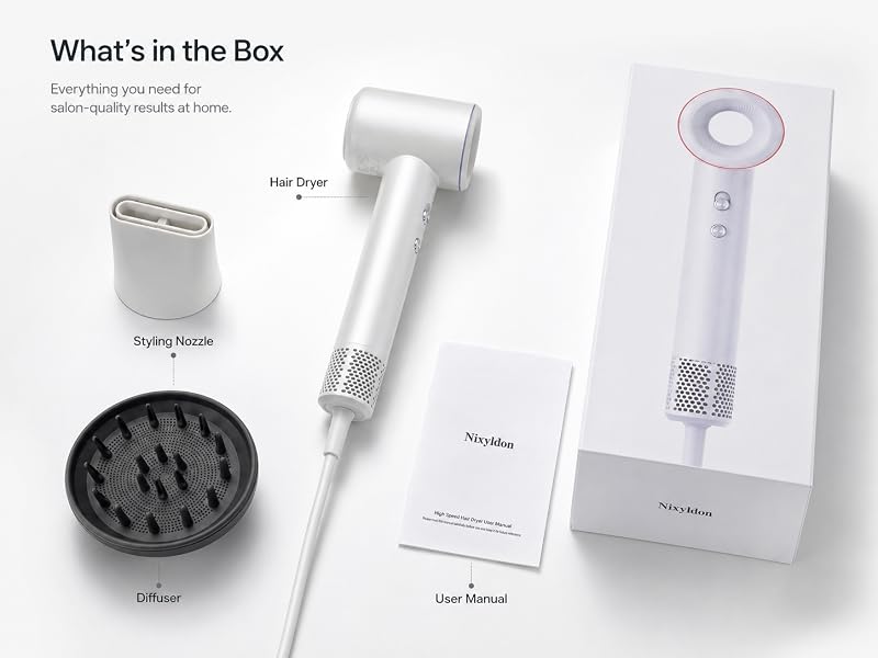 Nixyldon hair dryer set with styling nozzle diffuser attachment user manual and packaging
