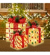 LAMPHOME 70 LED Christmas Set of 3 Lighted Gift Boxes Decorations,Warm White Lights with Flasher,...
