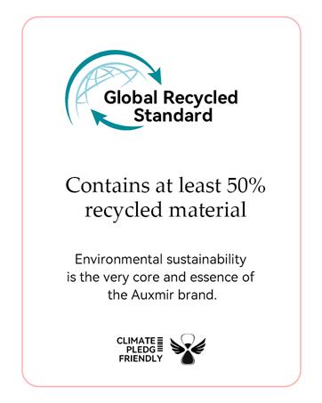 Series of logos and environmental sustainability badges including text 'Contains at least 50% recycled material' and 'Global Recycled Standard' certification marks.