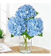 Cherica Real Touch Blue Hydrangea Artificial Flowers with Stems, Fake Silk Flowers for Outdoors, ...