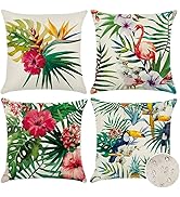 Artscope Set of 4 Decorative Throw Pillow Covers 18x18 Inches, Tropical Plants and Flowers and Bi...