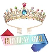 Ahoney Birthday Girl Sash & Tiara Crown for Women Girls, Gold Multicolor Rhinestones Crown, Birth...