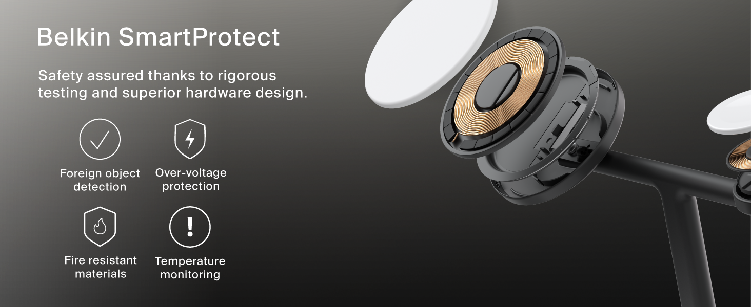 Image of wireless charging station showing inside parts with text reading belkin smartprotect.