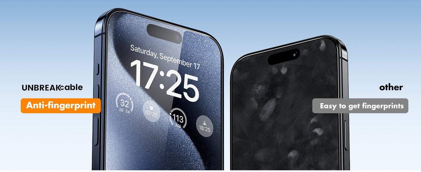Comparison of two smartphone screens: left shows clear display labeled 'unbreakable', right shows fingerprint-smudged screen labeled 'other'.