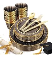 Nervure 150PCS Clear Black Plastic Plates - Gold Party Plates - Black and Gold Dinnerware Set Inc...