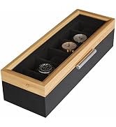 CASE ELEGANCE Two-Toned Pine and Black Base with Modern Aluminum Handle 6-Slot Watch Box with Rea...