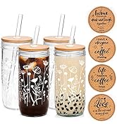 ANOTION Floral Coffee Cups, Mason Jars with Lids and Straws Glass Cups with Wildflower Bamboo Lid...