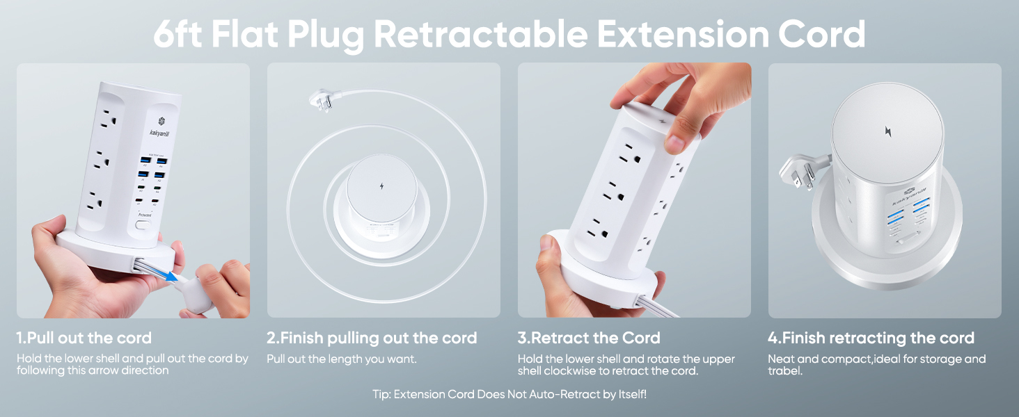6ft Flat Plug Retractable Extension Cord