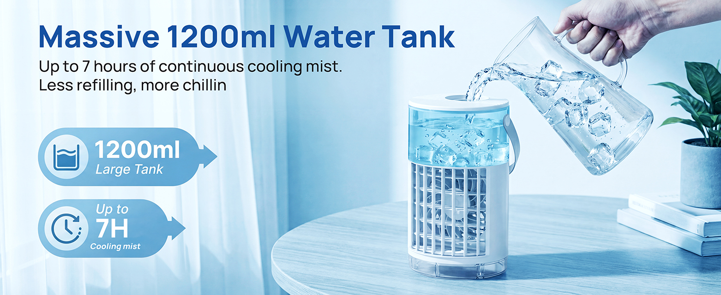 Mini ac for desk with 1200ml water tank for 7 hours of continuous cooling mist.