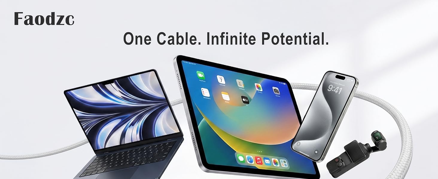 Faodzc USB-C cable compatible with Apple laptops, tablets, and smartphones.
