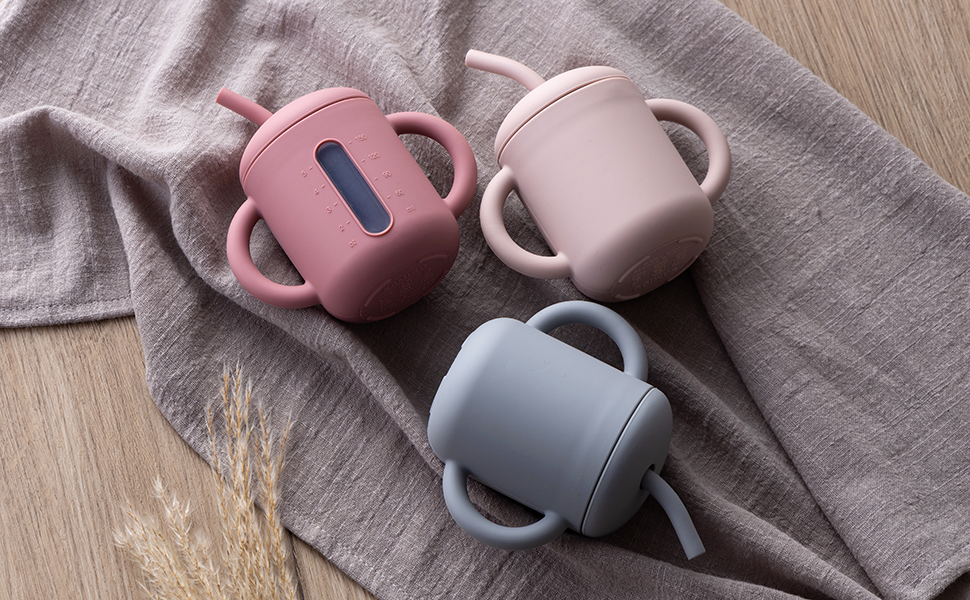 Samigo baby straw cups pink rose and gray displayed