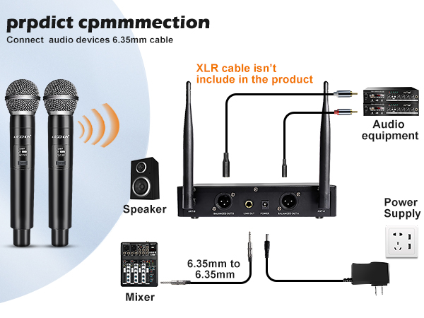 Wireless microphone system compatible with speaker, amplifier and mixer
