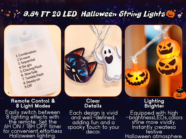 20 LED Halloween string lights with 8 modes and bright pumpkin ghost designs