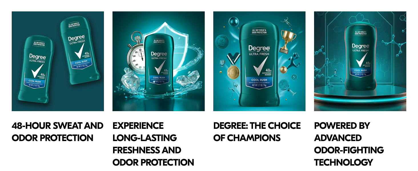 2 deo sticks, a deo with ice, shields & clocks, a deo & sports items, a deo stick & atomic designs.