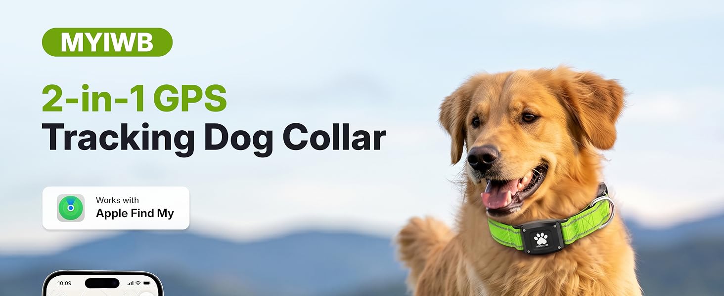 MYIWB 2 in 1 tracking dog collar in green reflective nylon works with Apple Find My on iOS