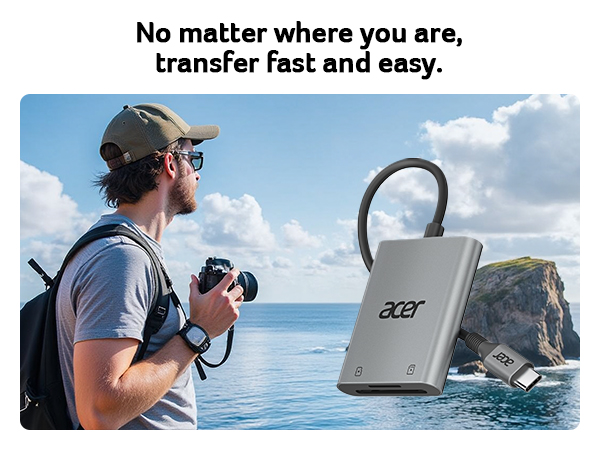 Silver Acer USB-C hub with multiple ports shown next to a photographer at a scenic coastal location. Text emphasizes fast and easy data transfer capabilities.