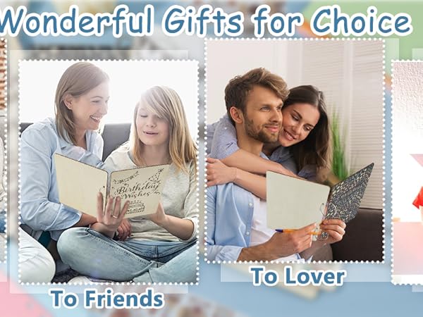 Collage of four images showing people reading books in different social contexts: family, friends, couple, and individual, labeled as gift suggestions for various recipients.