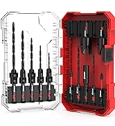 Set of black drill bits in ascending sizes displayed in transparent and red storage cases with organized compartments.