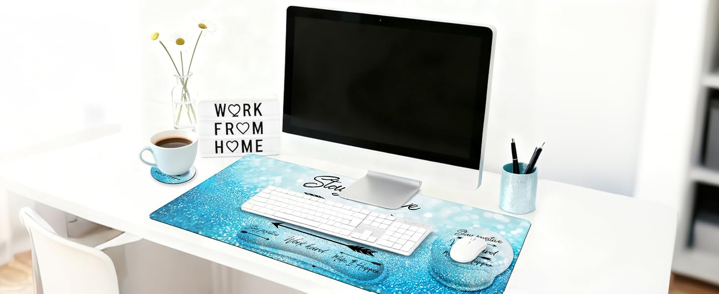 Stay Positive & Work Comfortably: Complete Blue Ergonomic Desk Set with Mat, Gel Mouse Pad, Keyboard