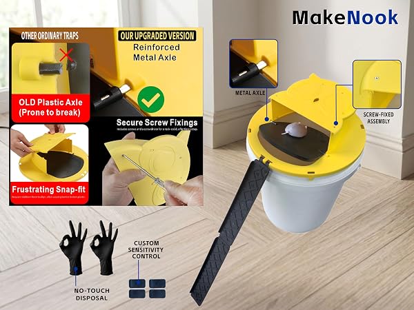 2-pack bucket mouse trap with metal axle and screw fixation. Includes gloves and weights.