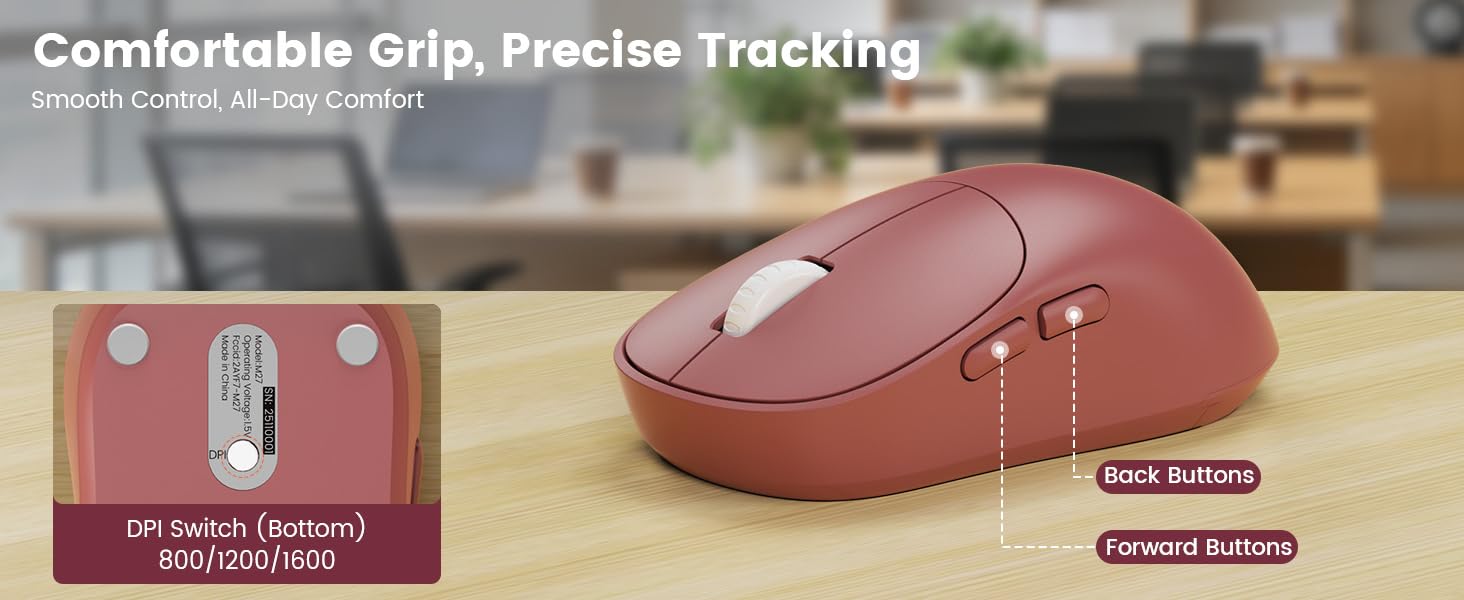 wireless mouse showing DPI switch 800 1200 1600 with forward and back buttons for precise tracking