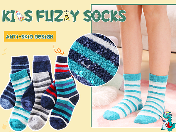 Kids Fuzzy Slipper Grip Socks Boys Girls Non Slip Winter Thick Fluffy Warm Plush Thermal Crew Socks