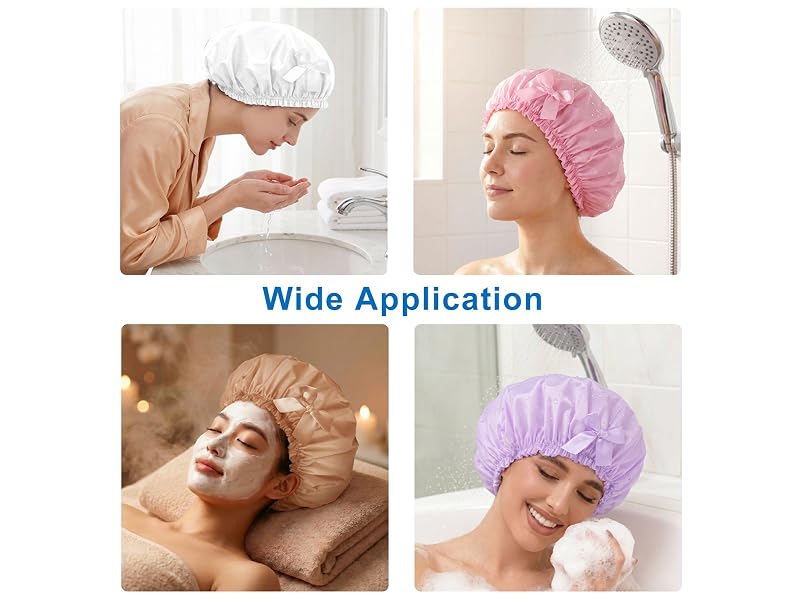 4 Shower Caps with Bow - Light Green Light Pink Sky Blue Gray