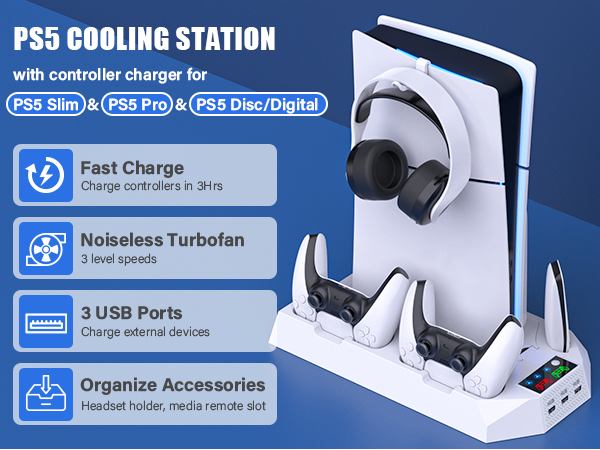 PS5 Slim Stand and Cooling Station with Dual Controller Charging Station for PlayStation 5 Console