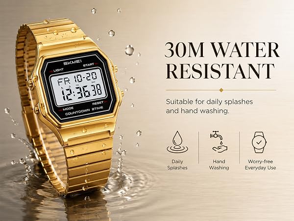 Gold watch for daily splashes, hand washing safe, durable rectangular LCD display