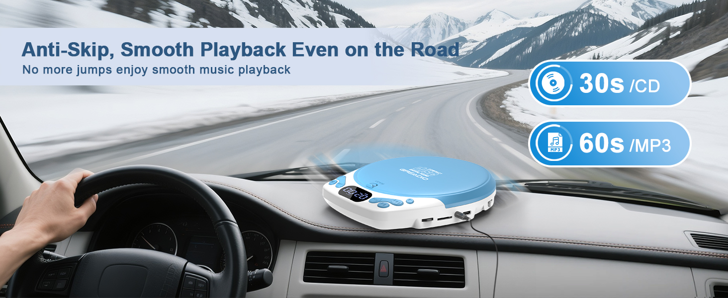 Text reads 'Anti-Skip, Smooth Playback Even on the Road', '30s cd', '60s MP3'. Car dashboard scene with blue portable speaker on dashboard, driver's hand on steering wheel during daytime drive.